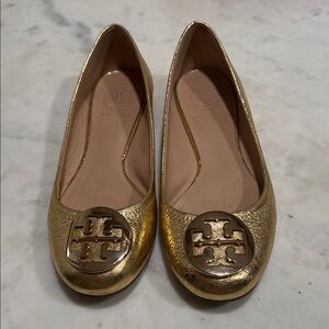 Tory Burch Metallic Gold Logo Ballet Flats